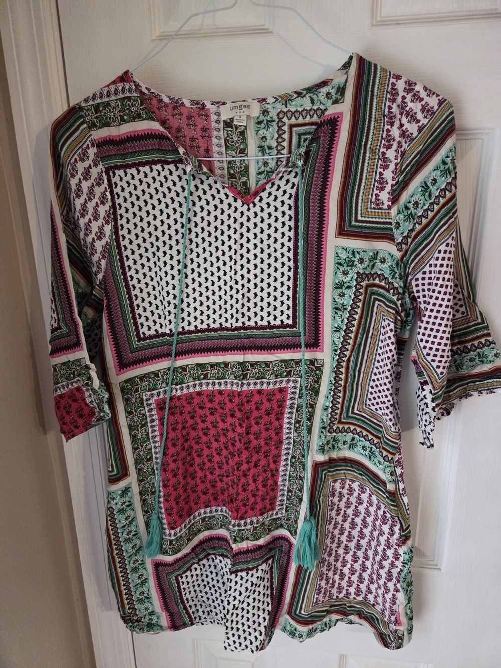Umgee Pink & Mint Patchwork V-Neck Tunic with Tassel Ties